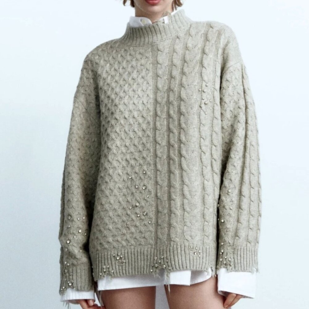 Gray Zara Cable Knit Rhinestone Embellished Deconstructed Pullover Sweater Small